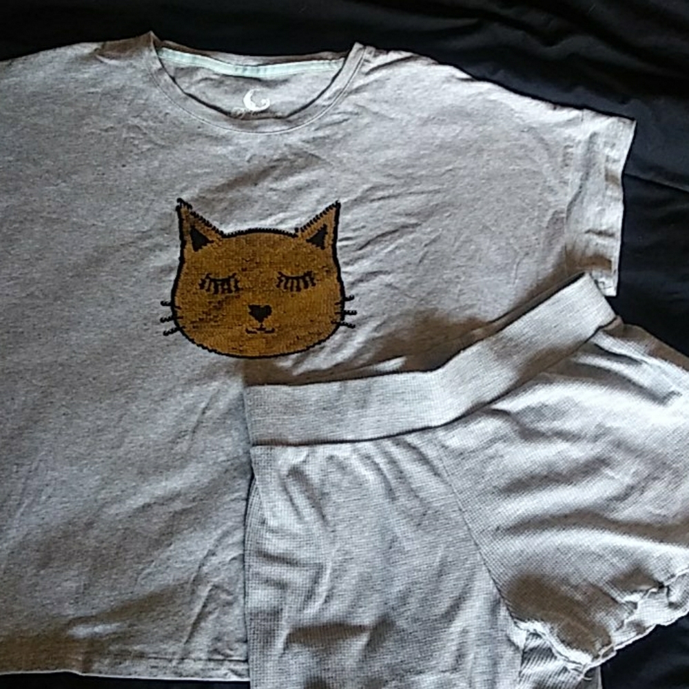 Double sided sequined cat grey pajamas